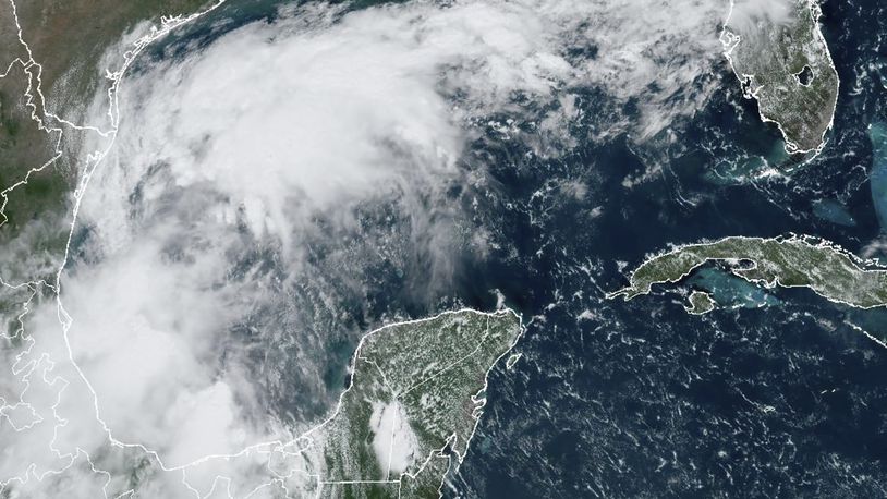 This Sunday, Sept. 8, 2024 satellite image provided by the National Oceanic and Atmospheric Administration shows a tropical disturbance in the Gulf of Mexico expected to bring significant rainfall to parts of Texas and Louisiana this week, possibly developing into a stronger storm, including a hurricane, according to the National Weather Service. (NOAA via AP)