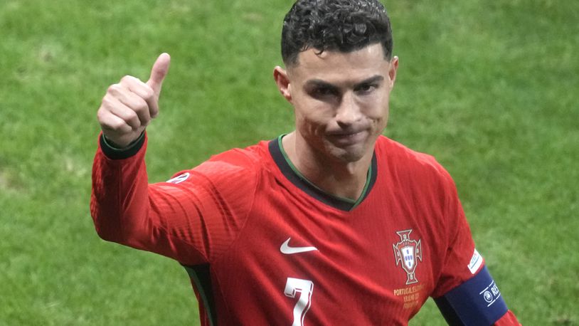Portugal's Cristiano Ronaldo is seen after the win against Slovenia during a round of sixteen match between Portugal and Slovenia at the Euro 2024 soccer tournament in Frankfurt, Germany, Monday, July 1, 2024. (AP Photo/Michael Probst)