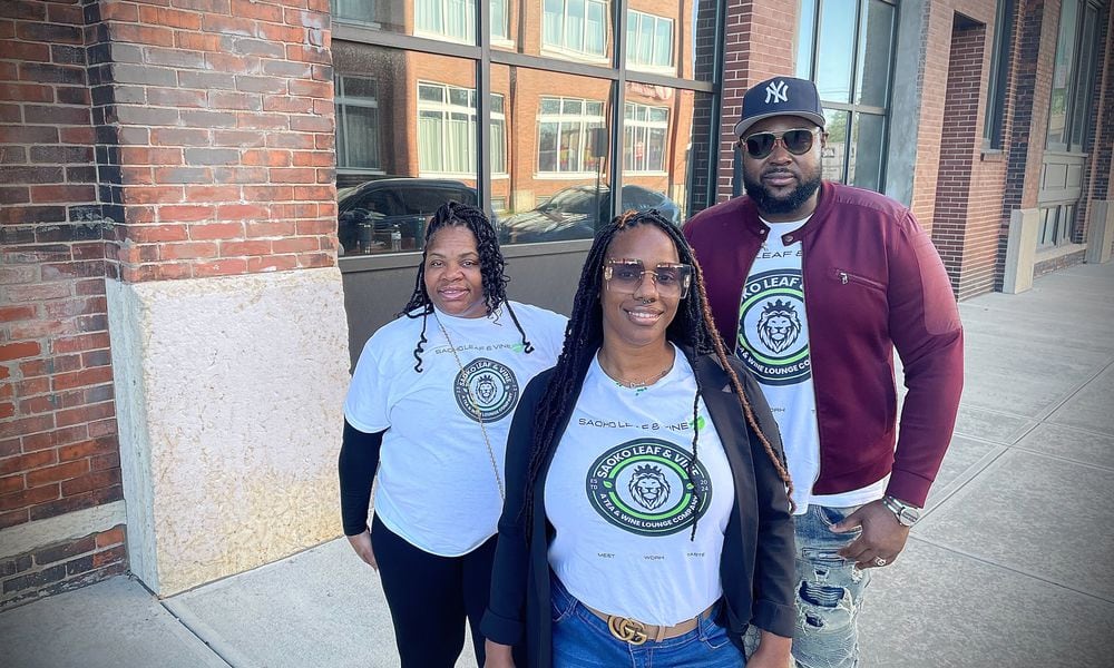 Saoko Leaf & Vine is opening in Spring 2025 in Dayton's Wright Dunbar District. Pictured (left to right) is corporate liaison Stephanie Bell with founders Myla Hall and T. Anthony Monie. NATALIE JONES/STAFF