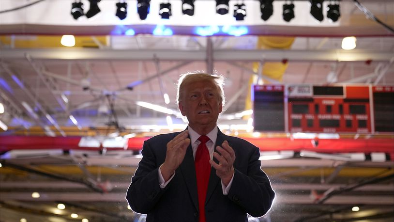 Republican presidential nominee former President Donald Trump arrives at a campaign event at the Ryder Center at Saginaw Valley State University, Thursday, Oct. 3, 2024, in University Center, Mich. (AP Photo/Alex Brandon)