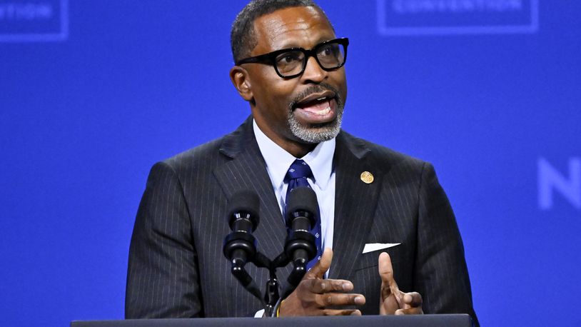 FILE - NAACP President and CEO Derrick Johnson speaks before President Joe Biden addresses the crowd at the 115th NAACP National Convention in Las Vegas, July 16, 2024. (AP Photo/David Becker, File)