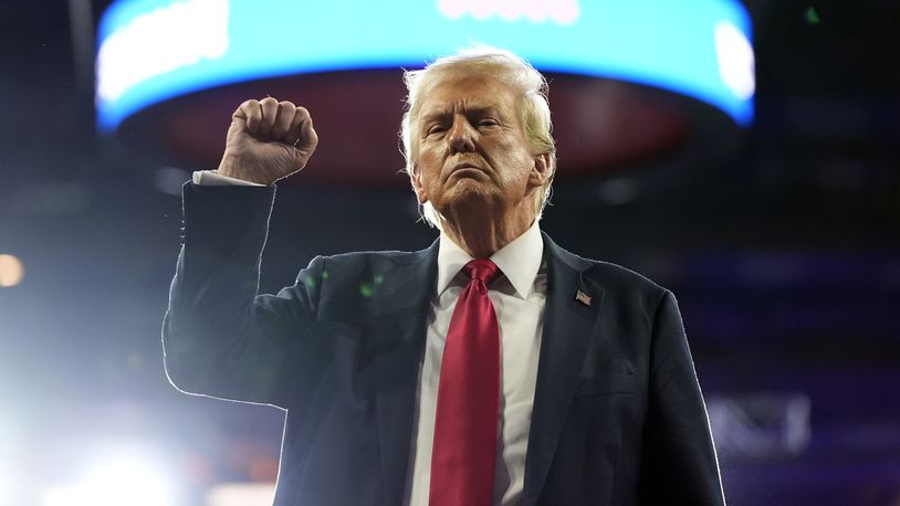 Republican presidential nominee former President Donald Trump gestures at a campaign rally at the Santander Arena, Wednesday, Oct. 9, 2024, in Reading, Pa. (AP Photo/Alex Brandon)