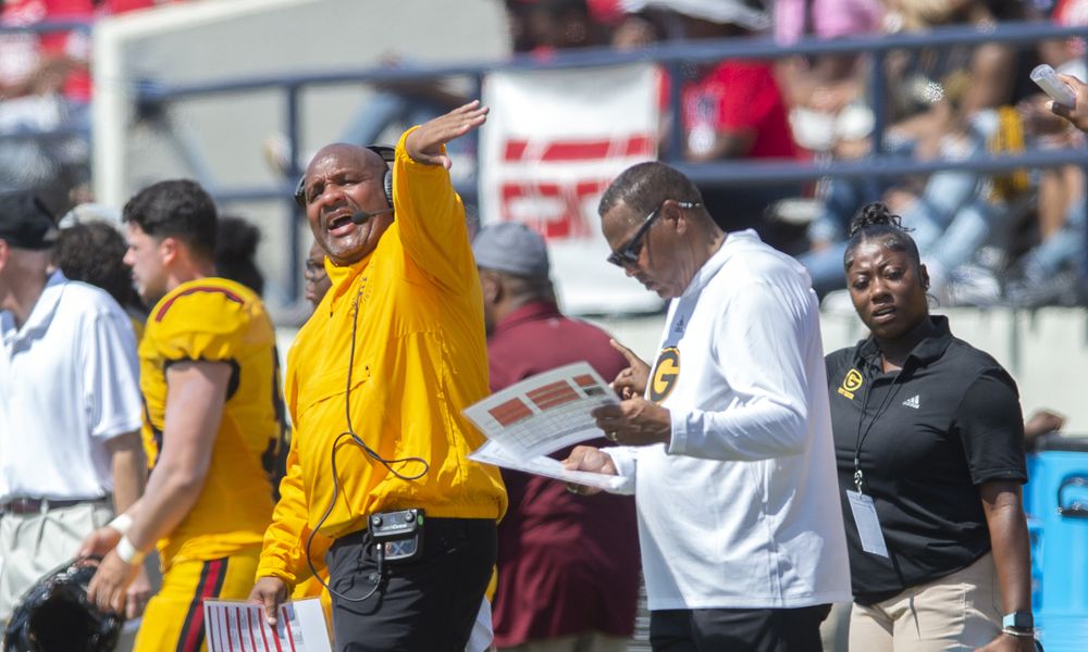 Grambling coach Hue Jackson yells for his punt returner to move back during the first half of an NCAA college football game in Jackson, Miss., Saturday, Sept. 17, 2022. (Barbara Gauntt/The Clarion-Ledger via AP)