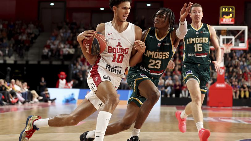 FILE - Zaccharie Risacher, of Bourg-en-Bresse, dribbles during a Betclic Elite basketball game against Limoges in Bourg-en-Bresse, eastern France, Oct. 31, 2023. Risacher is among the headliners of the forwards in the upcoming NBA draft. (AP Photo, File)