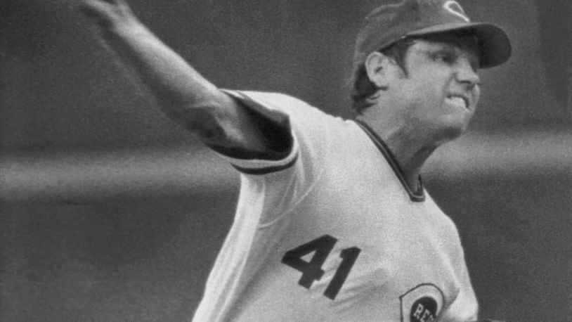 Cincinnati Reds' Pitcher Tom Seaver leans forward as lets loose with pitch in a game with the Atlanta Braves in Cincinnati, Ohio, July 14, 1977. Seaver had a no-hitter going into the seventh inning when he gave up a hit to Braves' batter Willie Montanez. Seaver ended up allowing two hits as he won his first game at home with the Reds. (AP Photo/Mark Duncan)