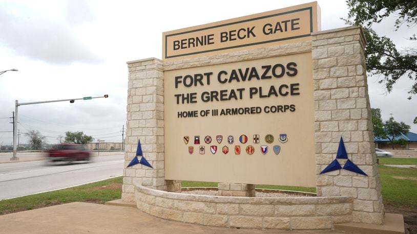 The sign at the main gate was unveiled during a ceremony at Fort Cavazos in Killeen, Texas, on Tuesday May 9, 2023. During the event, Fort Hood, the Army's largest armored, active-duty military installation, was renamed Fort Cavazos in honor of native Texan Richard E. Cavazos, the country's first Hispanic four-star general and hero of the Korean and Vietnam wars. Fort Hood was named after John Bell Hood, a high-ranking Confederate officer in Texas during the Civil War. It is one of nine military establishments being renamed based on recommendations by the Naming Committee, a commission created by Congress within the Defense Department, to remove the names, symbols and displays that honor or commemorate the Confederacy. (Jay Janner/Austin American-Statesman via AP)