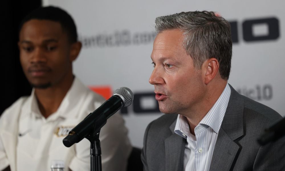 Virginia Commonwealth's Ryan Odom talks at Atlantic 10 Conference Media Day on Tuesday, Oct. 17, 2023, at the Barclays Center in Brooklyn, N.Y. David Jablonski/Staff