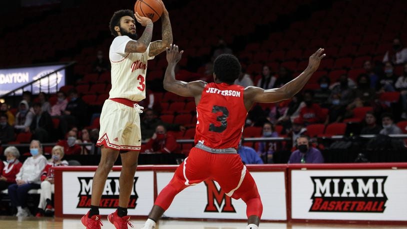 Miami's Dae Dae Grant fires a shot during a game earlier this season vs. Lamar. Grant scored 26 points in Tuesday night's win over Western Michigan. Miami Athletics photo