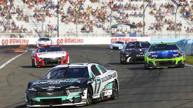 Chris Buescher (17) competes during a NASCAR Cup Series auto race, Sunday, Sept. 15, 2024, in Watkins Glen, N.Y. (AP Photo/Lauren Petracca)