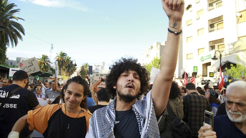 Tunisian take part in a protest against President Kais Saied ahead of the upcoming presidential elections, Friday, Sept. 13, 2024, on Avenue Habib Bourguiba in the capital Tunis.(AP Photo/Anis Mili)