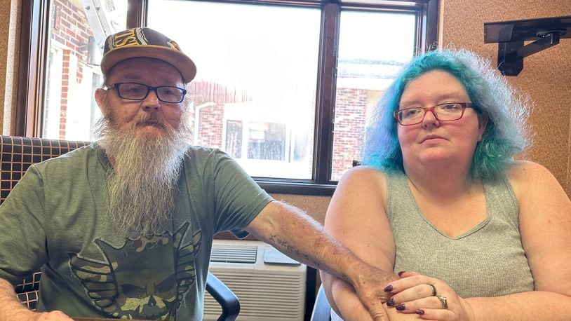 Bruce and Nova Jewett, who are experiencing homelessness, sit at the Hilltop Inn in Berlin, Vt., on Wednesday, Sept. 18, 2024, where they have been living and will have to leave by Oct. 1, 2024. (AP Photo/Lisa Rathke)