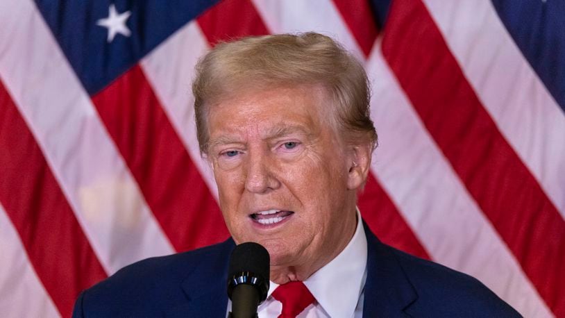 Former President Donald Trump speaks during a news conference held at Trump Tower, Friday, Sept., 6, 2024. (AP Photo/Stefan Jeremiah)