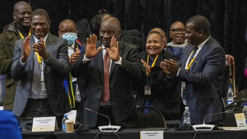 South African président Cyril Ramaphosa reacts after being reelected as leader of the country in Cape Town, South Africa, Friday, June 14, 2024. (AP Photo/Jerome Delay)