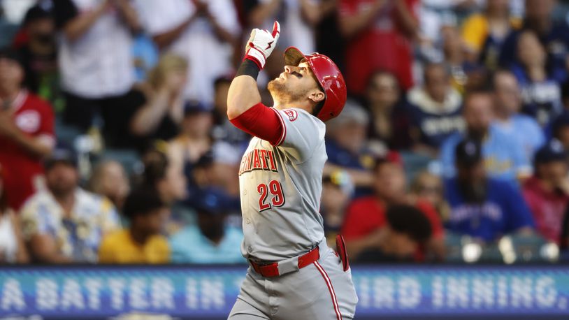 Cincinnati Reds' TJ Friedl gestures after his home run agains the Milwaukee Brewers during the third inning of a baseball game Friday, June 14, 2024, in Milwaukee. (AP Photo/Jeffrey Phelps)
