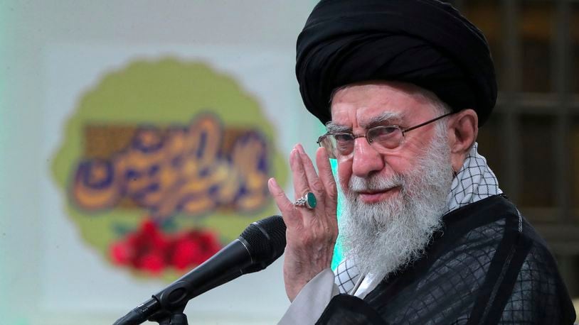 In this photo released by an official website of the office of the Iranian supreme leader, Supreme Leader Ayatollah Ali Khamenei gestures in a ceremony to mark the Shiite holiday of Eid al-Ghadir, in Tehran, Iran, Tuesday, June 25, 2024. Khamenei called Tuesday for "maximum" voter turnout in this week's presidential election to "overcome the enemy," denouncing politicians who he described as believing that everything good comes from the United States. (Office of the Iranian Supreme Leader via AP)