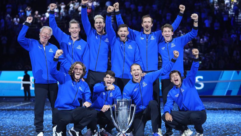 Team Europe celebrates after they defeated Team World for the Laver Cup in tennis, at the Uber arena in Berlin, Germany, Sunday, Sept. 22, 2024. (AP Photo/Ebrahim Noroozi)