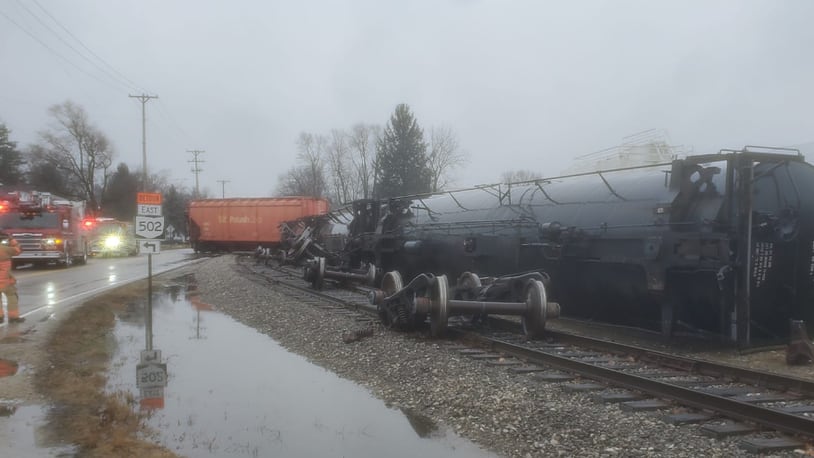 No leaks or hazards have been reported after a train derailed in Greenville at Union and Wayne streets on Tuesday, Jan. 23, 2024. Photo courtesy Greenville Professional Firefighters Local 1101.