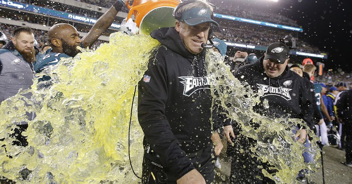 Doug Pederson gets Super LII victory Gatorade bath! 