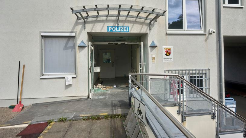 The entrance to the police station in Linz, Germany, after an attack, Friday Sept. 6, 2024. (Thomas Frey/dpa via AP)