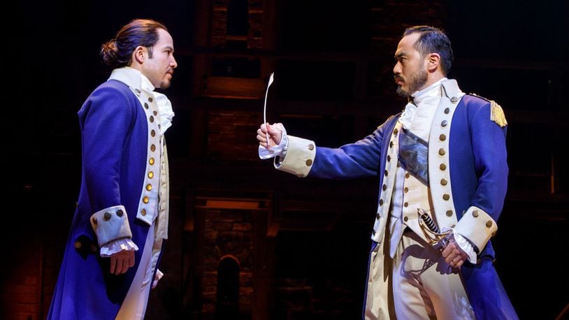 Marcus Choi (right as George Washington) with Joseph Morales (Alexander Hamilton) in the 2018 Philip Touring Company of "Hamilton."