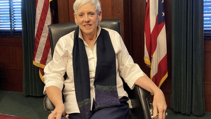 FILE - Ohio Chief Justice Maureen O'Connor is pictured in her chambers at the Ohio Supreme Court in Columbus, Ohio, on Dec. 15, 2022. The election contests of 2022 may have been held and decided, but Ohio’s political maps remain far from settled. What was supposed to be a once-per-decade process for redrawing the state’s U.S. House and Statehouse districts to reflect updated 2020 population figures now promises to extend into 2023, and probably longer. (AP Photo/Julie Carr Smyth, File)