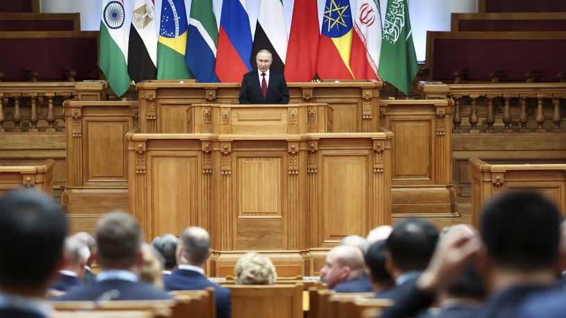 FILE - Russian President Vladimir Putin addresses the BRICS Parliamentary Forum in St. Petersburg, Russia, July 11, 2024. (Valery Sharifulin, Sputnik, Kremlin Pool Photo via AP, File)