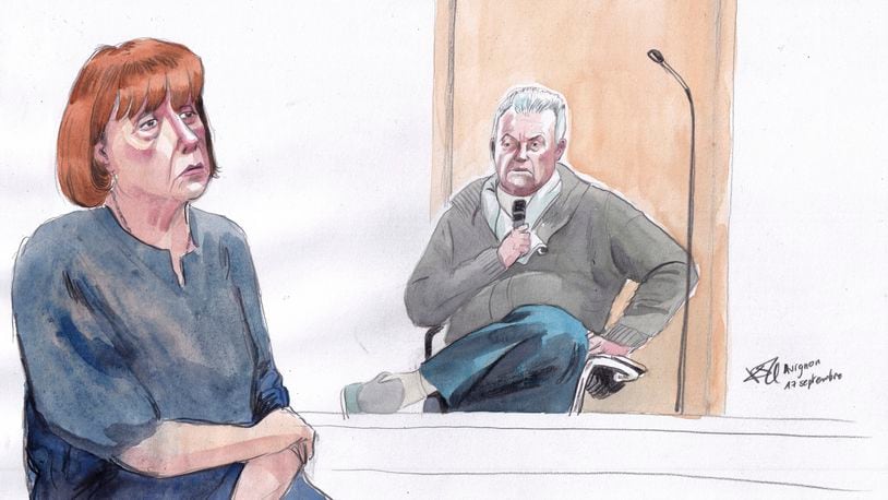 This courtroom sketch by Valentin Pasquier shows Gisèle Pelicot, left, and her ex-husband Dominique Pelicot, right, during his trial, at the Avignon court house, in Avignon, southern France, Tuesday, Sept. 17, 2024. (AP Photo/Valentin Pasquier)