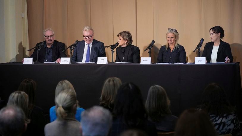 The legal team, from left, barrister Bruce Drummond, Dean Armstrong KC, attorney Gloria Allred, Natacha and barrister Maria Mulla, who featured in 'Al-Fayed: Predator at Harrods' attend a press conference to discuss their involvement in the investigation and the legal claim against Harrods for failing to provide a safe system of work for their employees, at Kent House in Knightsbridge, London, Friday Sept. 20, 2024. Multiple ex-Harrods employees have accused Mohamed Al Fayed, the Egyptian billionaire who owned the luxury department store for more than 25 years, of rape and sexual assault. (Yui Mok/PA via AP)