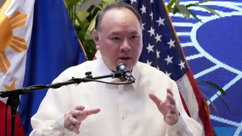 Philippine Defense Secretary Gilberto Teodoro Jr. gestures during his speech at an international military conference organized by the U.S. Indo-Pacific Command on Tuesday, Aug. 27, 2024, in Manila, Philippines. (AP Photo/Aaron Favila)