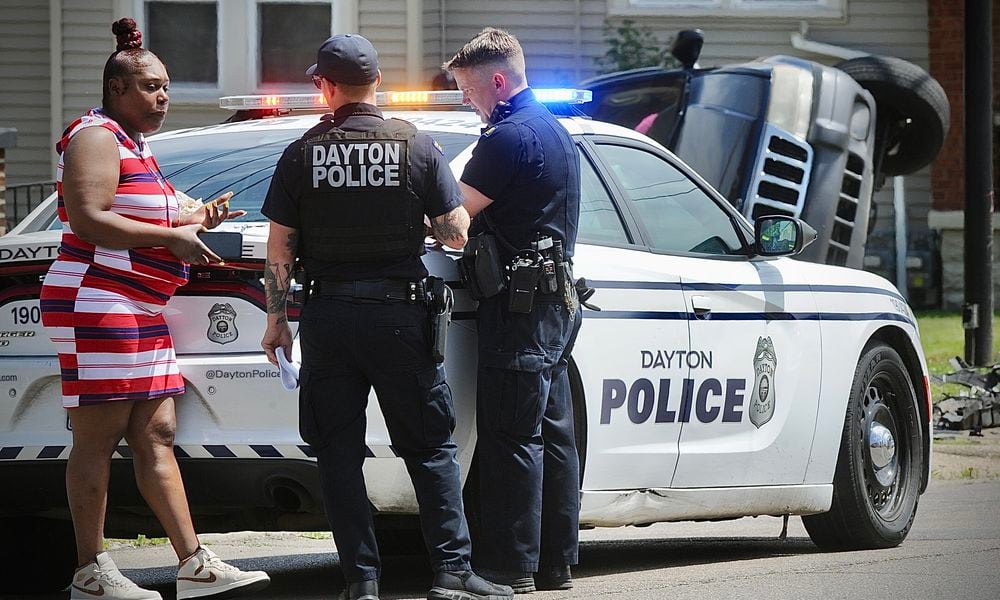 A Dayton police cruiser was involved in a crash Thursday, May 23, 2024, at West Third Street and North Decker Avenue. MARSHALL GORBY/STAFF