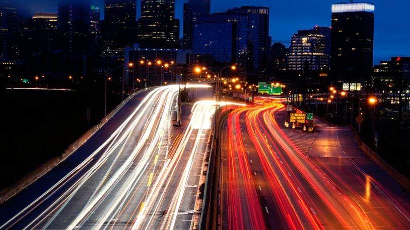 FILE - Vehicles move along Interstate 76 ahead of the Thanksgiving Day holiday in Philadelphia, Nov. 22, 2023. (AP Photo/Matt Rourke, File)