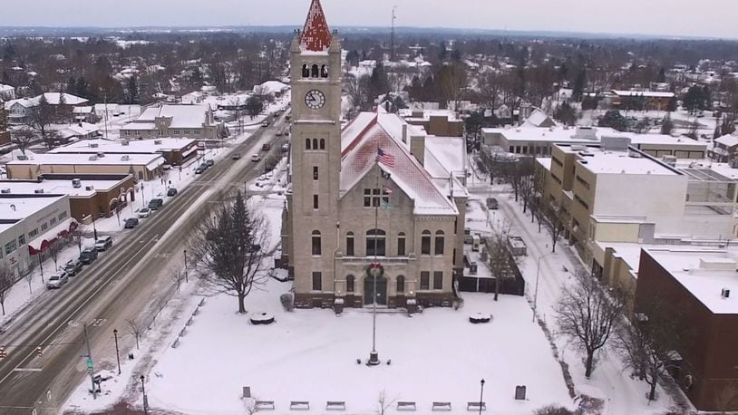 Aerial view of a snowy Greene County Courthouse. FILE