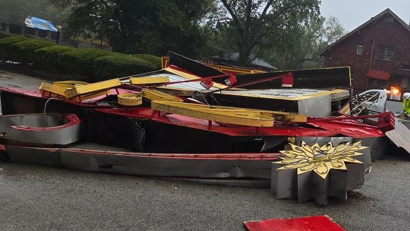 Strong winds toppled the Dixie Drive-In sign Friday night. Contributed