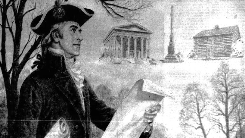 This drawing, showing Jonathan Dayton surveying Ohio lands, the Old Courthouse, Soldier's Monument and Newcom Tavern, was created by Dayton artist Lloyd Ostendorf. DAYTON DAILY NEWS ARCHIVES
