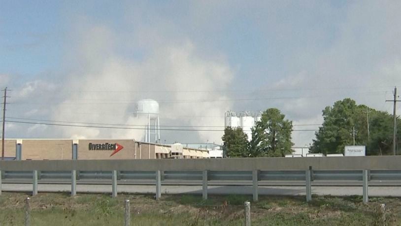 In this image taken from video from WSB-TV, smoke rises from the roof of a BioLab plant, Sunday, Sept. 29, 2024, in Conyers, Ga. (WSB-TV via AP)