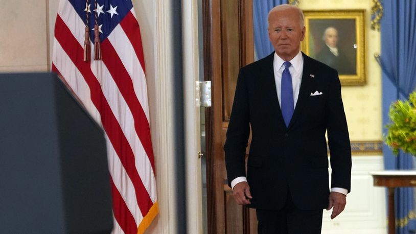 President Joe Biden arrives to speak in the Cross Hall of the White House Monday, July 1, 2024, in Washington. (AP Photo/Jacquelyn Martin)