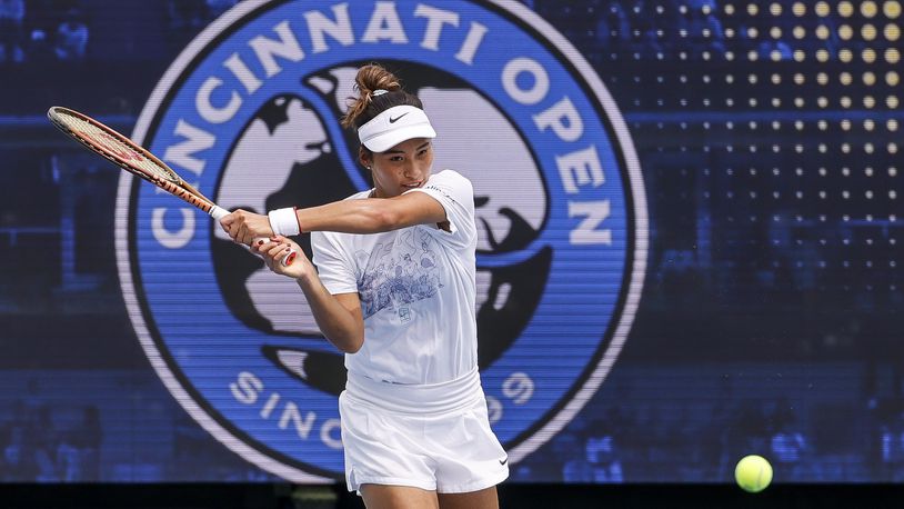 Zheng Qinwen, gold medalist at 2024 Olympics in Paris just days ago, practices during a media preview day at the Cincinnati Open tennis tournament Thursday, Aug. 8, 2024 at the Lindner Family Tennis Center in Mason. The tournament runs Aug. 11-19. NICK GRAHAM/STAFF