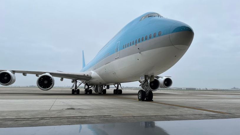 A 747 parked outside a Sierra Nevada Corp. hangar Tuesday morning. It will become part of the Air Force's  Survivable Airborne Operations Center or “SAOC” program. THOMAS GNAU/STAFF