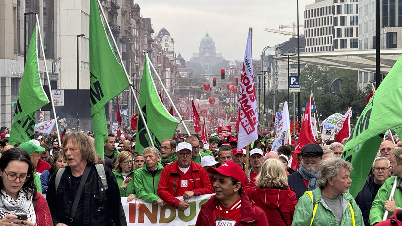 Workers of the German automaker Audi protest the threat of massive layoffs in downtown Brussels, Belgium, Monday Sept. 16, 2024. (AP Photo/Sylvain Plazy)