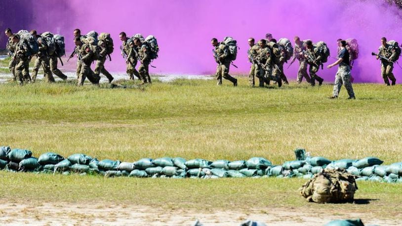 Soldiers in the Army’s Ranger Selection and Assessment Program 1 course at Fort Moore train on the Georgia installation’s Cole Range on Oct. 25, 2023 as they attempt to earn spots in the elite 75th Ranger Regiment. (Corey Dickstein/Stars and Stripes)