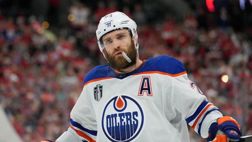 FILE - Edmonton Oilers center Leon Draisaitl (29) skates on the ice during the third period of Game 7 of the NHL hockey Stanley Cup Final against the Florida Panthers, June 24, 2024, in Sunrise, Fla. (AP Photo/Wilfredo Lee, File)