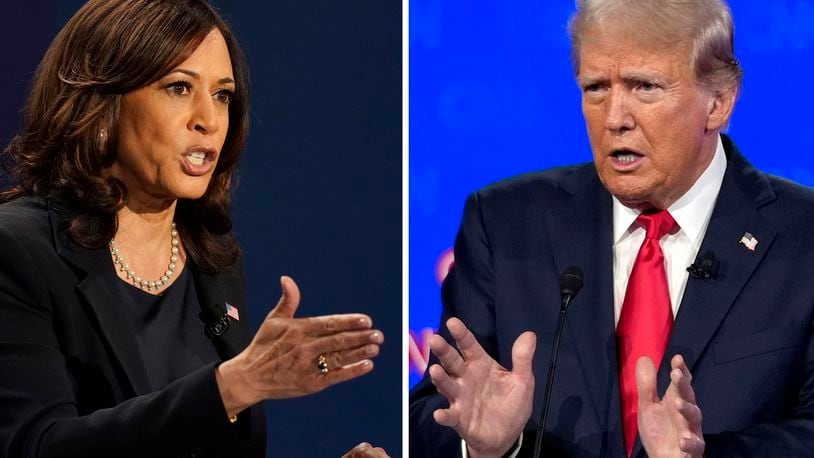 In this combination photo, Democratic vice presidential candidate Sen. Kamala Harris, D-Calif., speaks during a debate, Oct. 7, 2020, in Salt Lake City, left, and Republican presidential candidate former President Donald Trump speaks during a debate, June 27, 2024, in Atlanta. (AP Photo)