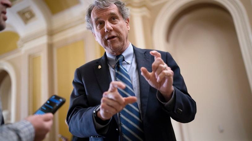 FILE - Senate Banking Committee Chairman Sherrod Brown, D-Ohio, speaks with reporters at the Capitol in Washington, March 15, 2023. (AP Photo/J. Scott Applewhite, File)