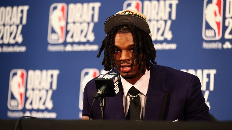 DaRon Holmes II speaks at a press conference after being selected with the No. 22 pick in the NBA Draft on Wednesday, June 26, 2024, at the Barclays Center in Brooklyn, N.Y. David Jablonski/Staff