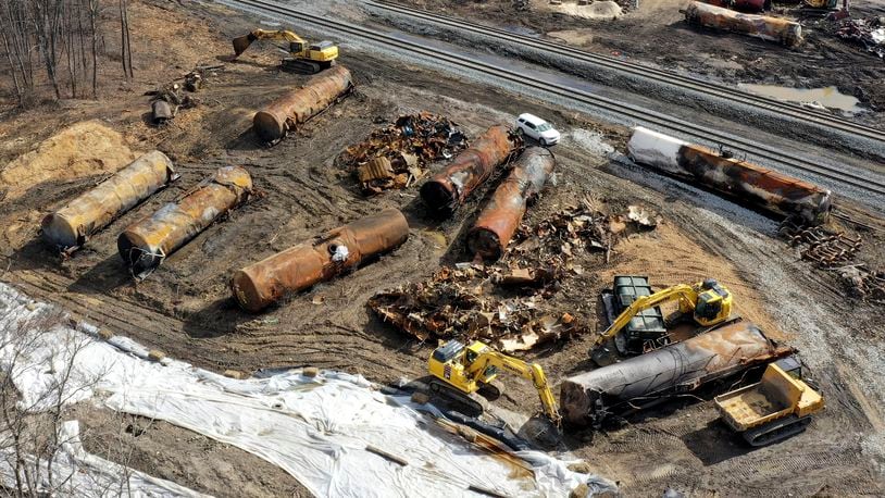 FILE - Cleanup continues, Feb. 24, 2023, at the site of a Norfolk Southern freight train derailment that happened on Feb. 3, in East Palestine, Ohio. (AP Photo/Matt Freed, File)