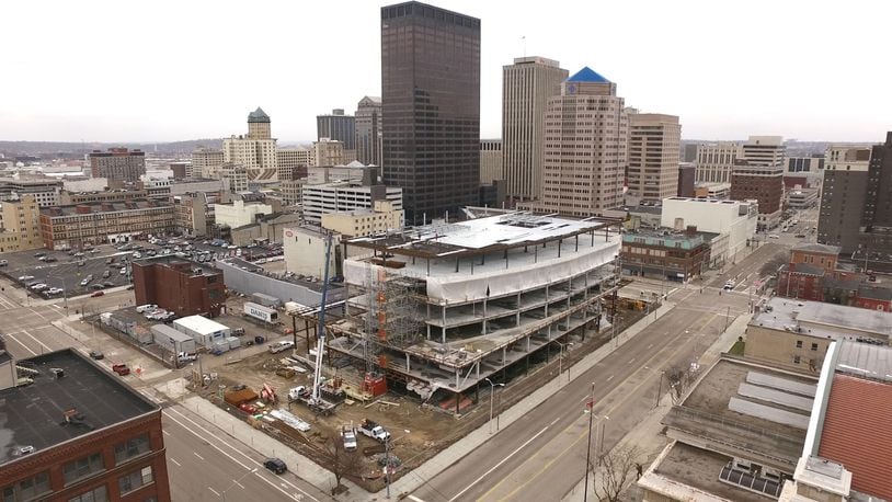 An aerial view of the construction on the new CareSource Center City building at First and Jefferson streets. TY GREENLESS / STAFF