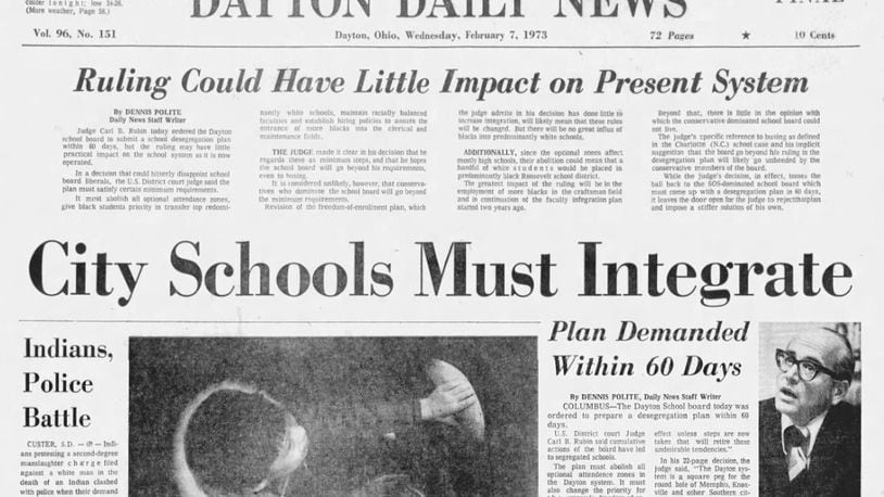 Front page of the Feb. 7, 1973 Dayton Daily News on a court order to desegregate Dayton schools.