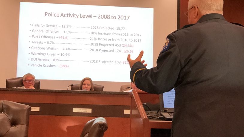 Springboro Police Chief Jeff Kruithoff urges the city council to budget for four new officers by 2020. Staff photo by Lawrence Budd