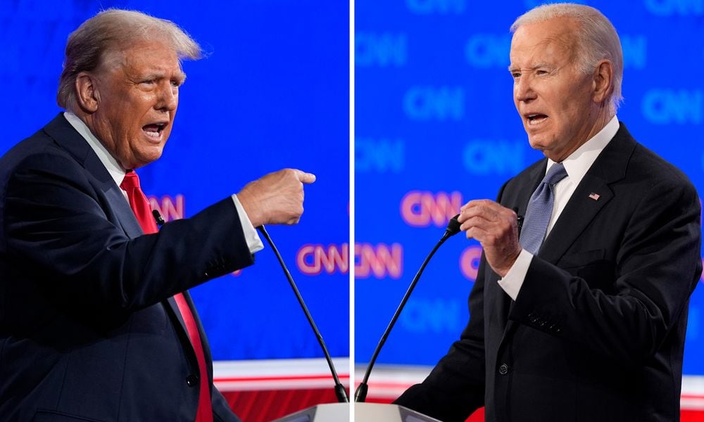 This combination of photos shows Republican presidential candidate former President Donald Trump, left, and President Joe Biden during a presidential debate hosted by CNN, Thursday, June 27, 2024, in Atlanta. (AP Photo/Gerald Herbert)