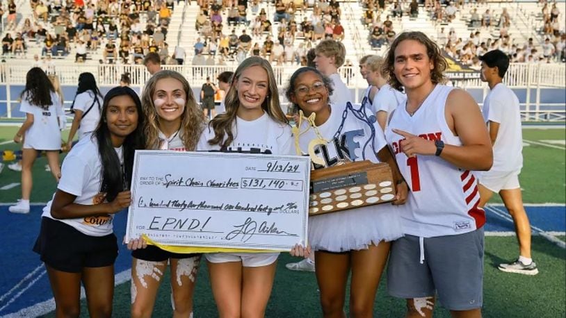 The Centerville High School class officers this year holding up their record breaking fundraising check for the Spirit Chain. The group split the proceeds this year among five organizations, with Diabetes Dayton being one. L-R Maanasa Miriyala (secretary), Morgan Franklin (communications director), Lauren Jessup-Aiken (President), Samaria Williams (Vice-President), Barrett LeMaster (Business Manager).